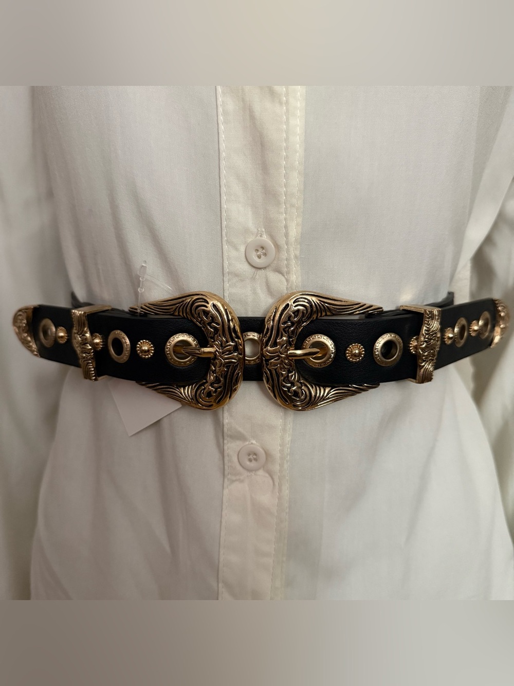 Black PU studded leather gold tone chunky double buckle elastic waistband belt